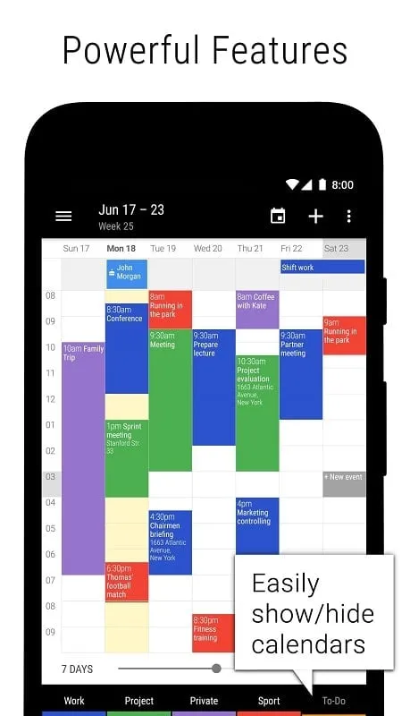 Interfaz de Business Calendar 2 Pro mod mostrando la gestión de tareas