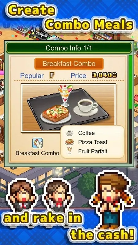 Interface do jogo Cafe Master Story com menu mod.