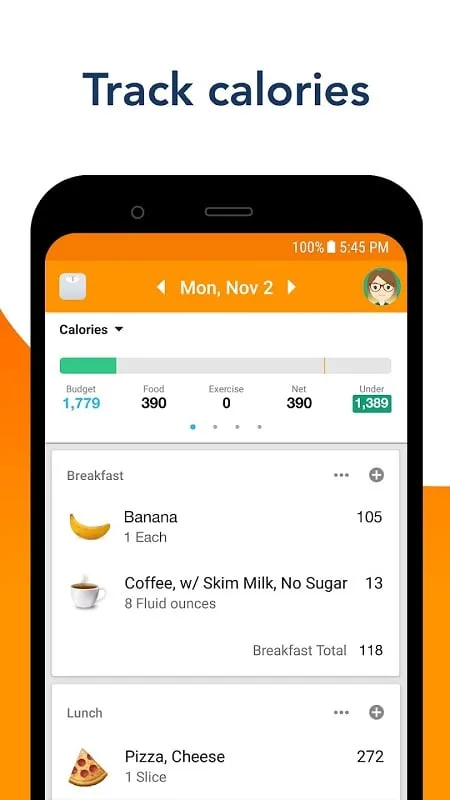 Calorie Counter by Lose It mod interface showing premium features