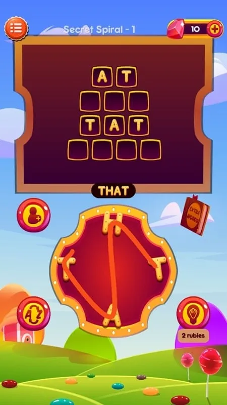 Tangkapan layar gameplay Candy Word Connect yang menunjukkan antarmuka koneksi huruf.