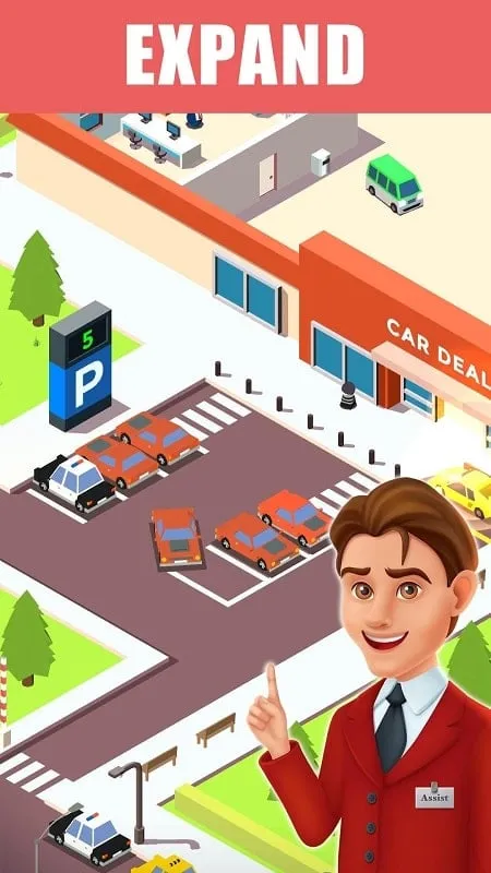 Hình ảnh gara trong Car Dealer Tycoon Idle Market, trưng bày các công cụ và thiết bị khác nhau.