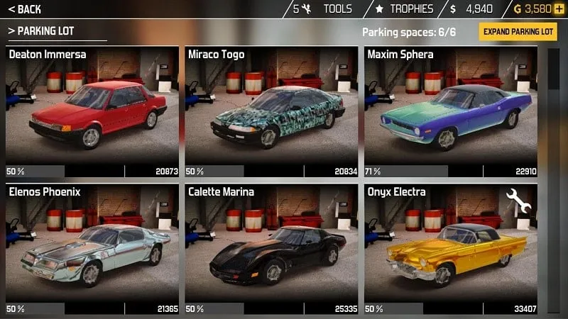 Exibição de carros restaurados no Car Mechanic Simulator.