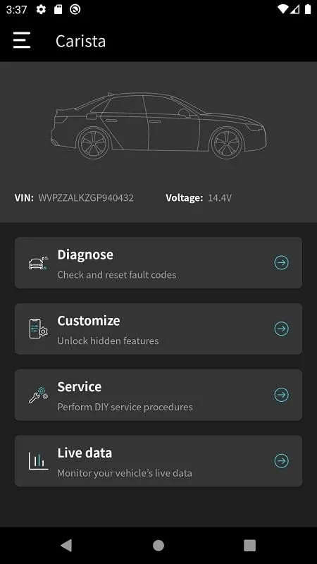 Carista OBD2 customization options screen example