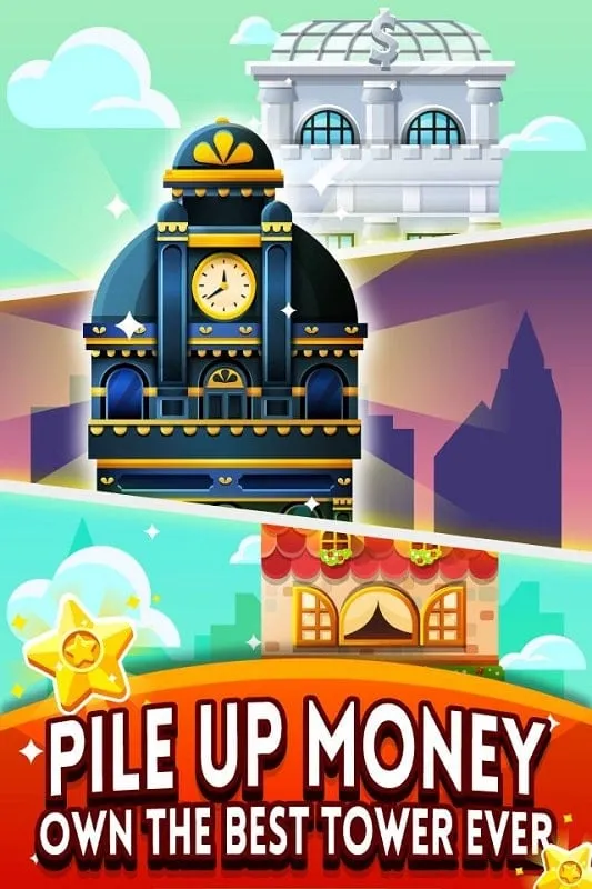 Captura de pantalla del juego Cash, Inc., mostrando los diferentes negocios dentro de una torre.