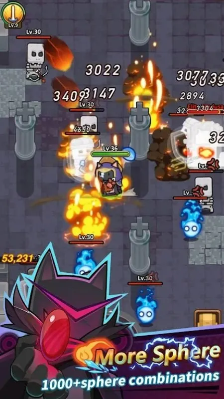 Screenshot of Cat Alchemist gameplay demonstrating various cat heroes battling monsters in diverse environments.