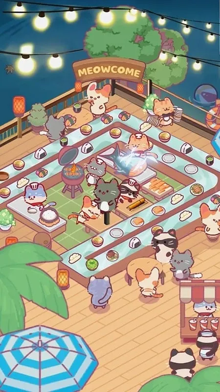 Screenshot Cat Restaurant yang menunjukkan menu upgrade dengan opsi upgrade gratis yang tersedia karena mod.