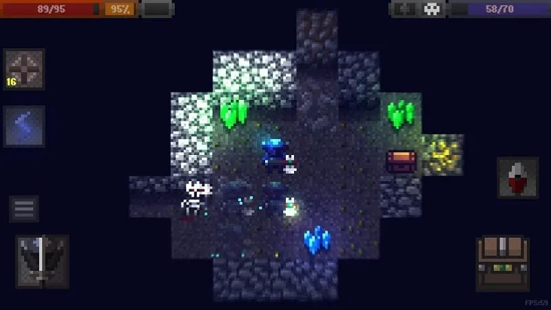 Caves Roguelike gameplay screen showing character in a dungeon.