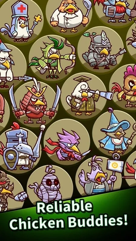 Various chicken characters displaying unique abilities and weapons.