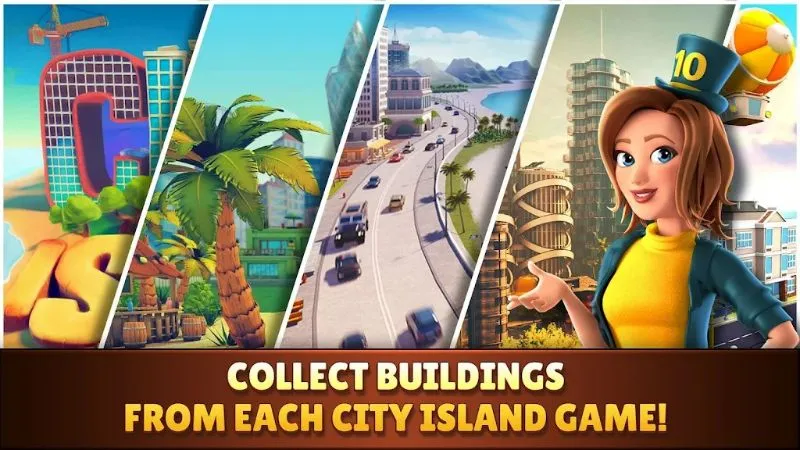 Ảnh chụp màn hình trong game City Island: Collections game làm nổi bật các tòa nhà và tùy chọn mở rộng đảo.