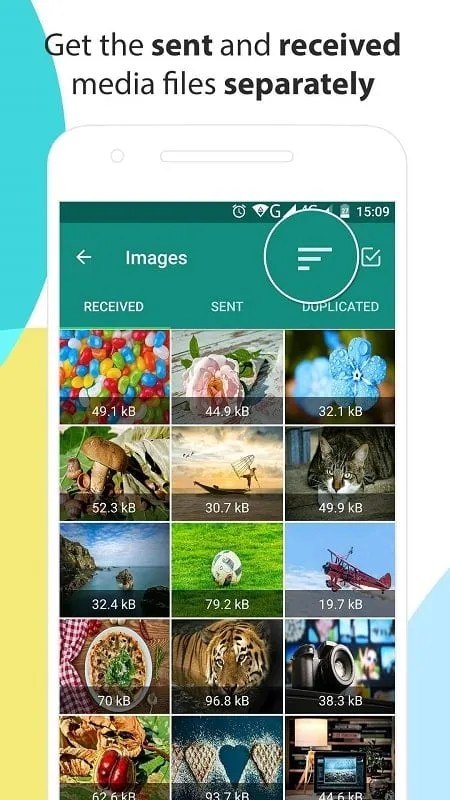 Shows how the Cleaner for WhatsApp mod sorts files by size