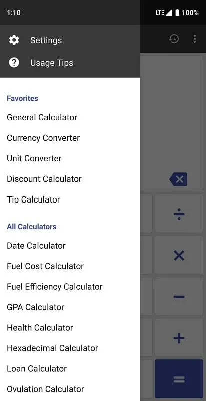 Tampilan antarmuka ClevCalc mod yang menunjukkan fitur premium