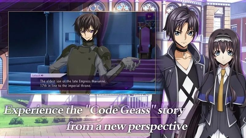 Code Geass in-game menu with MOD features highlighted.