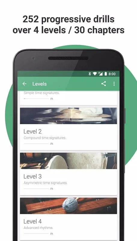 Interface displaying exercises in Complete Rhythm Trainer apk