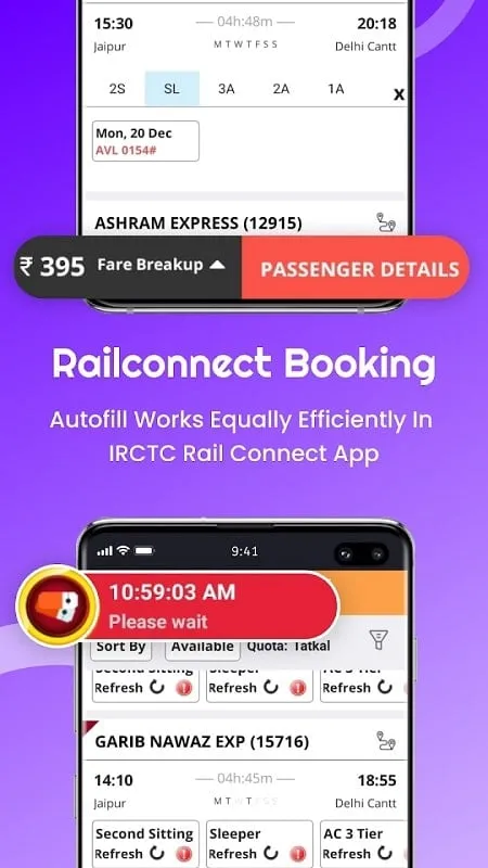 Interface do aplicativo Confirm Tatkal Ticket Booking exibindo a confirmação da reserva