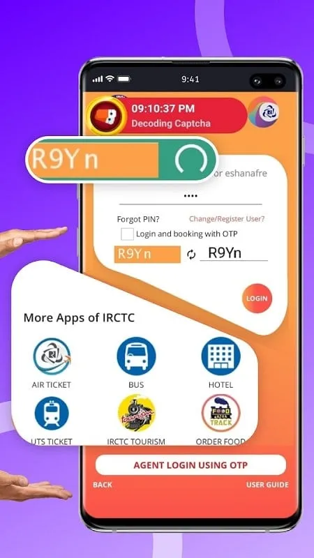 Interface do Confirm Tatkal Ticket Booking mod para Android com opções de reserva