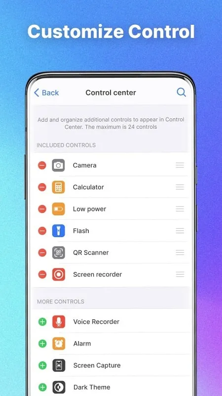 Recursos do aplicativo Control Center Mod