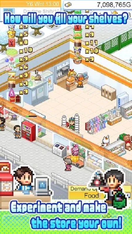 Tangkapan layar pixel art dari Convenience Stories yang menampilkan tata letak toko dalam game dengan berbagai kios produk dan interaksi pelanggan.