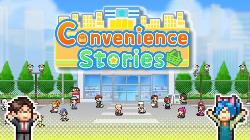 Tangkapan layar pixel art dari game Convenience Stories yang menunjukkan toko serba ada dengan pelanggan dan berbagai kios.