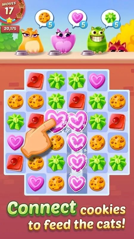 Gameplay screenshot of Cookie Cats showing the match-three puzzle interface.