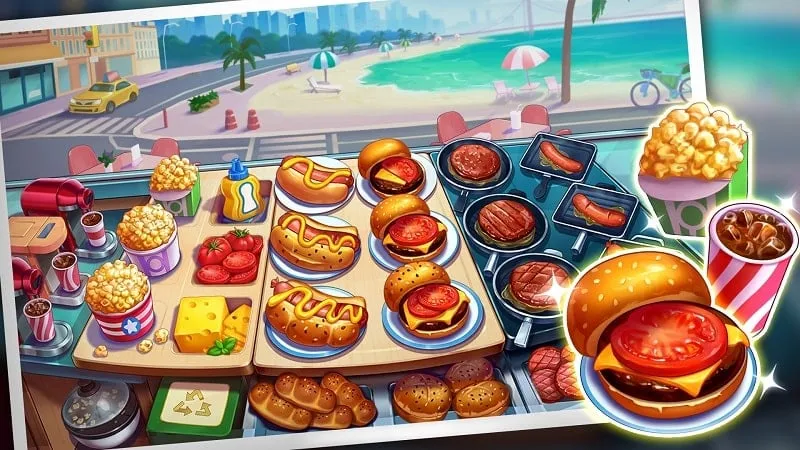 Captura de pantalla del juego Cooking Center mostrando varios alimentos y estaciones de cocina.