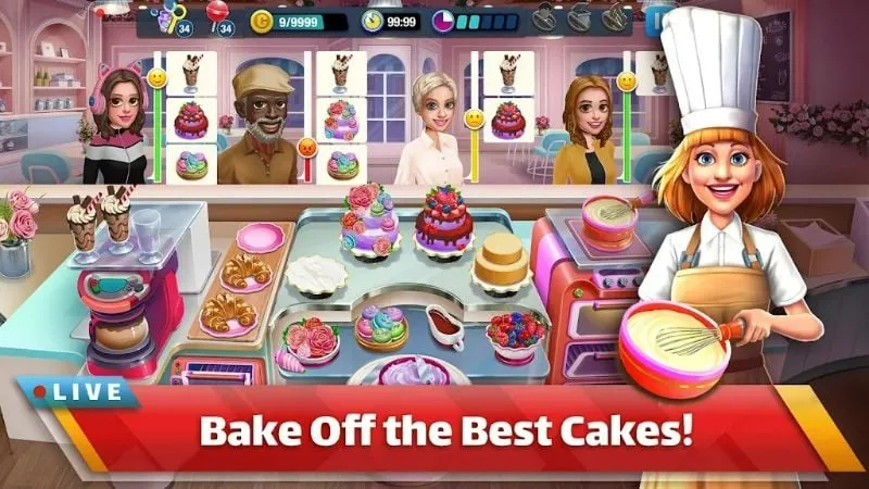 Screenshot gameplay Cooking Channel menampilkan berbagai stasiun memasak.