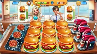 A screenshot of Cooking City gameplay with various food items and kitchen appliances.