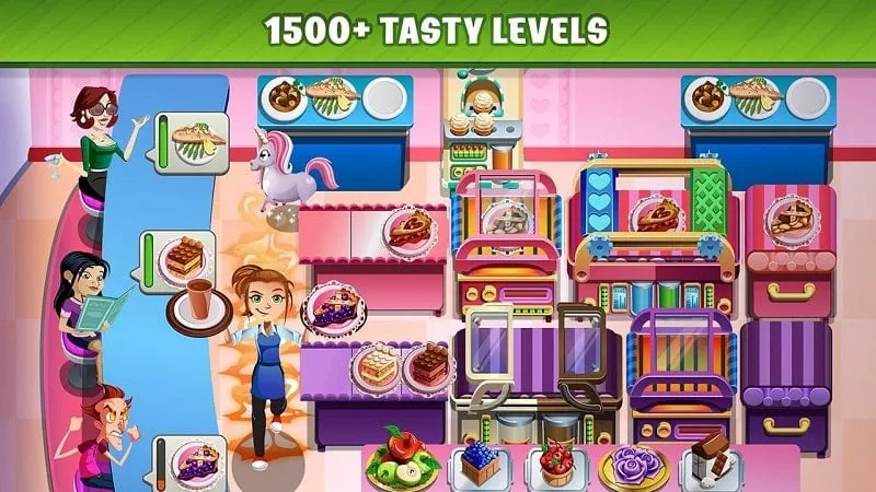 Screenshot gameplay Cooking Dash yang menunjukkan menu mod dengan uang tak terbatas.