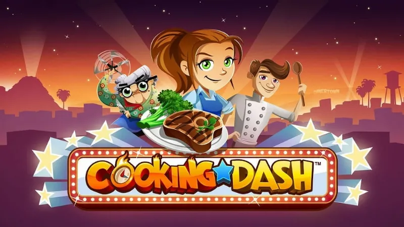 Koki wanita dalam game Cooking Dash sedang menyiapkan hidangan.