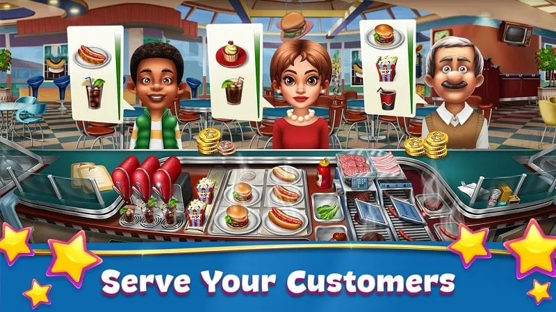 Interface do Cooking Fever Mod mostrando dinheiro infinito.