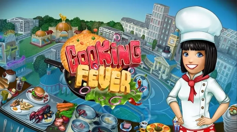 Tela do jogo Cooking Fever mostrando vários itens de comida.