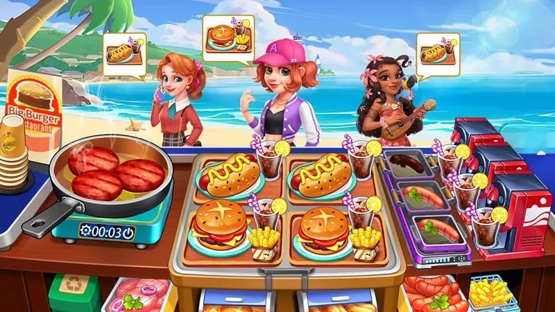 Captura de pantalla del juego Cooking Frenzy que muestra los vibrantes gráficos y la interfaz de cocina.