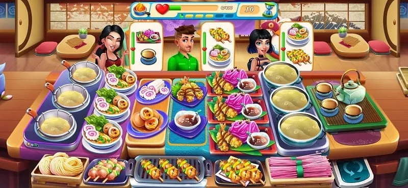 A screenshot of Cooking Love gameplay, showing the kitchen and cooking interface.