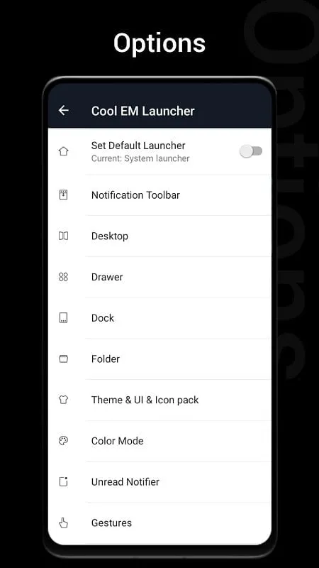 Panduan pengguna Cool EM Launcher yang menunjukkan cara mengakses fitur premium