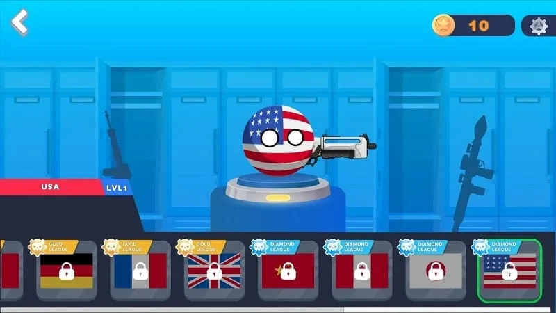 Captura de pantalla de la tienda del juego Countryballs que muestra varias skins de países disponibles para comprar.