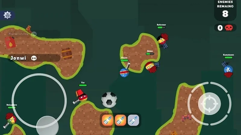 Captura de pantalla del juego Countryballs que muestra diferentes personajes de bolas de países luchando.