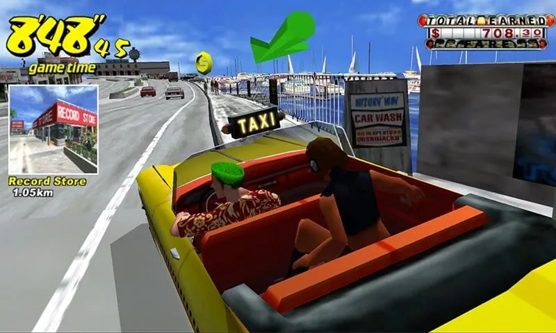 Táxi dirigindo perto do oceano com a cidade ao fundo no Crazy Taxi Classic.