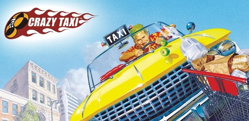 Táxi correndo em uma rua movimentada no Crazy Taxi Classic.