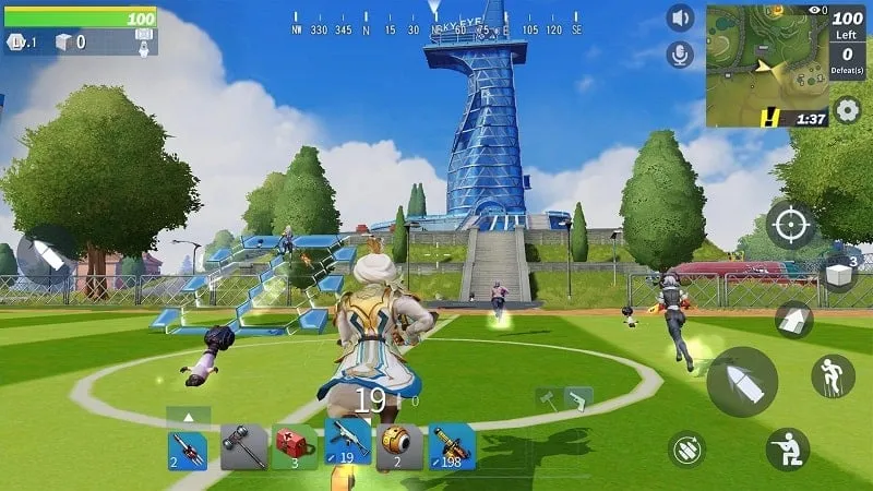 Ảnh chụp màn hình trong game Creative Destruction hiển thị chế độ Hack nhìn xuyên tường được kích hoạt với tầm nhìn rõ ràng về các tòa nhà xung quanh và kẻ thù tiềm năng.