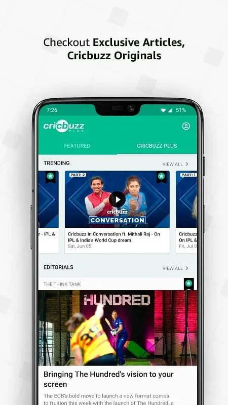 Tampilan antarmuka Cricbuzz Mod dengan jadwal pertandingan