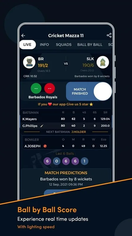 Tampilan antarmuka Cricket Mazza 11 Live Line mod yang menampilkan skor pertandingan langsung