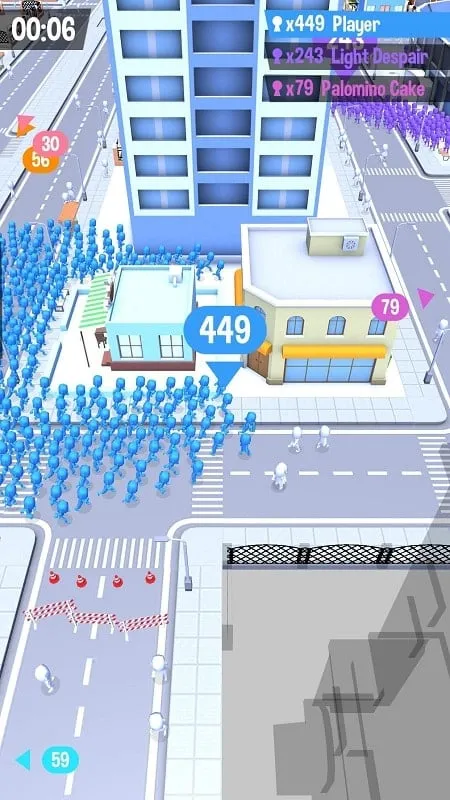 Screenshot do Crowd City demonstrando possível lag com vários jogadores.