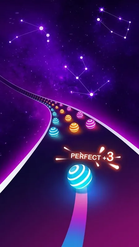 A screenshot of the gameplay in Dancing Road, showing a colorful ball rolling down a three-lane path, collecting matching colored balls and dodging others.