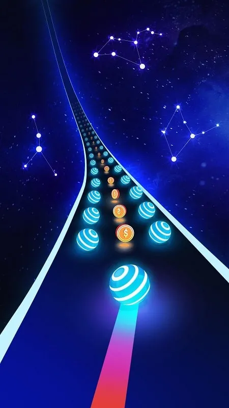 A screenshot from Dancing Road demonstrating the game's interface during gameplay, highlighting the colorful graphics and fast-paced action.