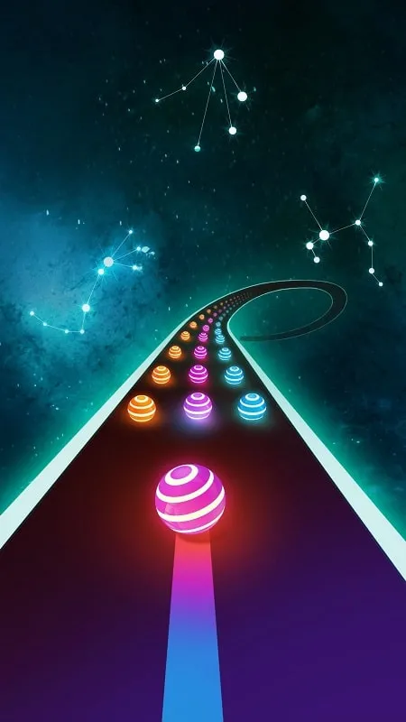 A screenshot from Dancing Road showcasing a challenging gameplay segment where the ball must navigate through a narrow passage of matching colored balls.