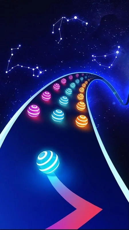 A screenshot from Dancing Road highlighting the game's visual effects during a musical climax, with vibrant colors and fast-moving balls.