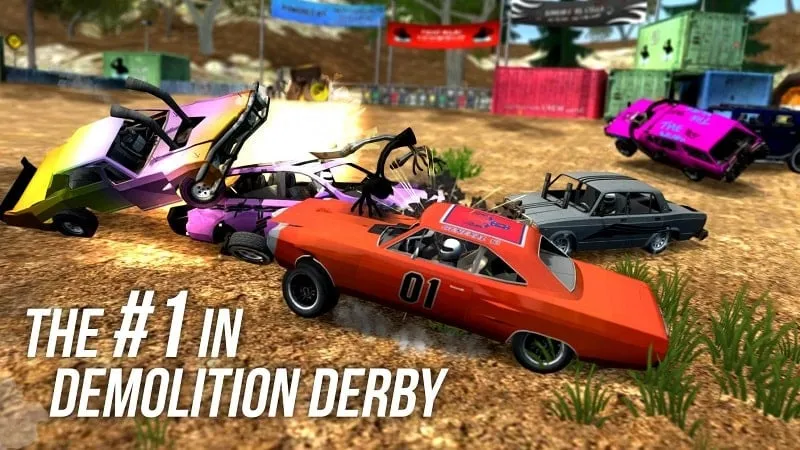 Captura de pantalla del juego Demolition Derby Multiplayer que muestra una escena de carrera caótica con múltiples vehículos chocando.