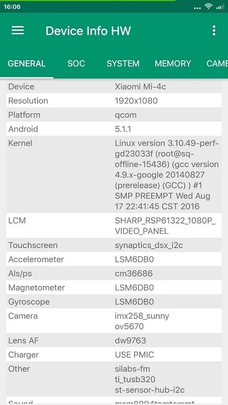 Device Info HW+ displaying system information