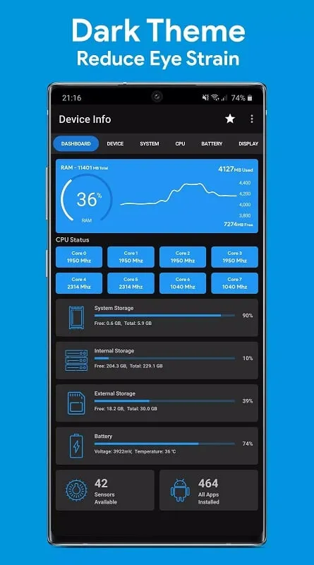 Device Info System CPU Info mod interface showing premium features