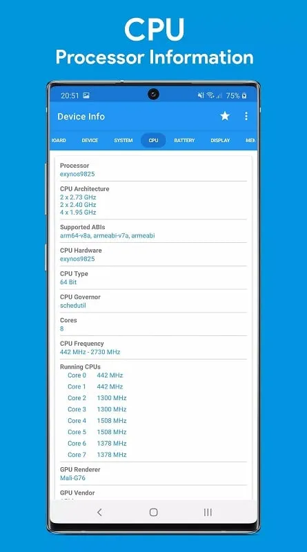 Device Info System CPU Info mod interface showing battery information