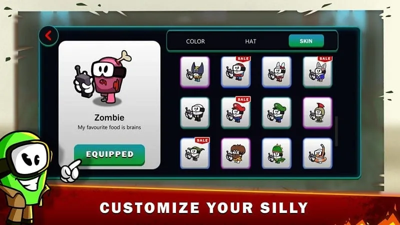 Captura de pantalla de la pantalla de personalización de personajes en Silly Royale, que muestra varios atuendos y accesorios.